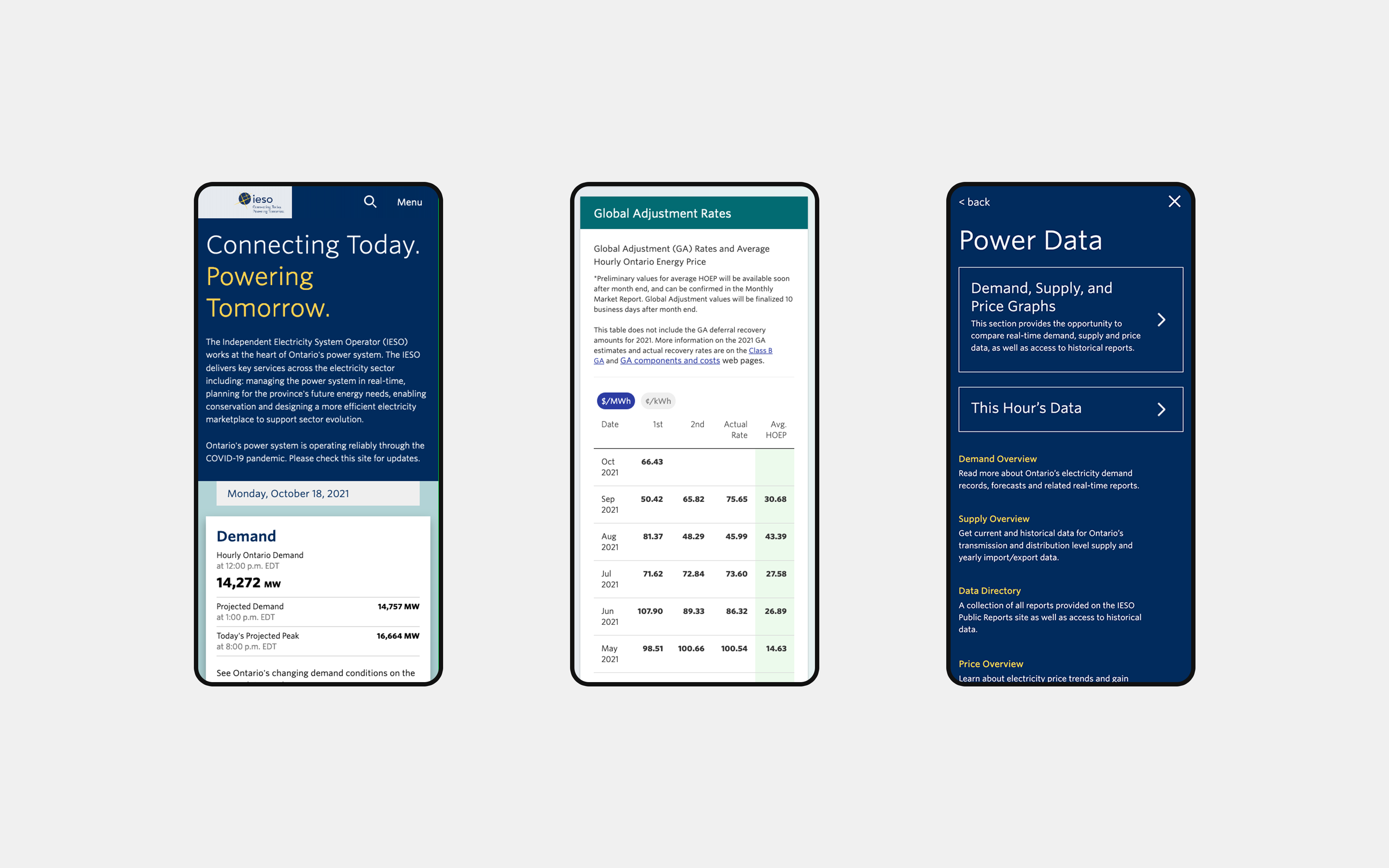 Mobile view of IESO webpages